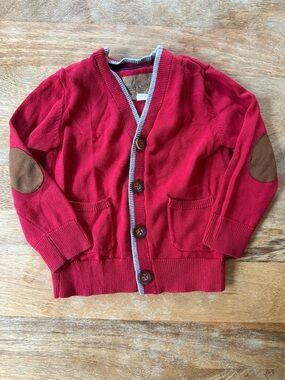 Hope & Henry - Red cardigan with gray trim and suede elbow pads, 18-24 months